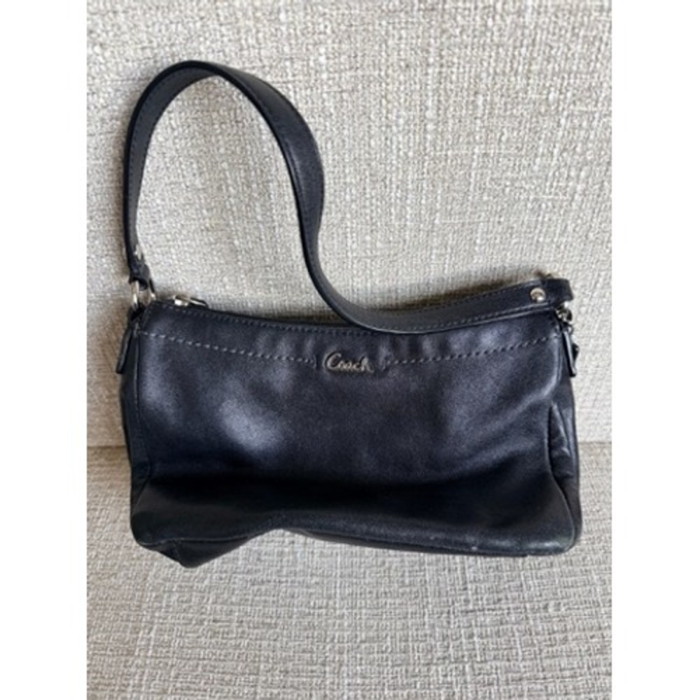 Coach Black Leather Small Shoulder Bag Purple Satin Lining Baguette Handbag